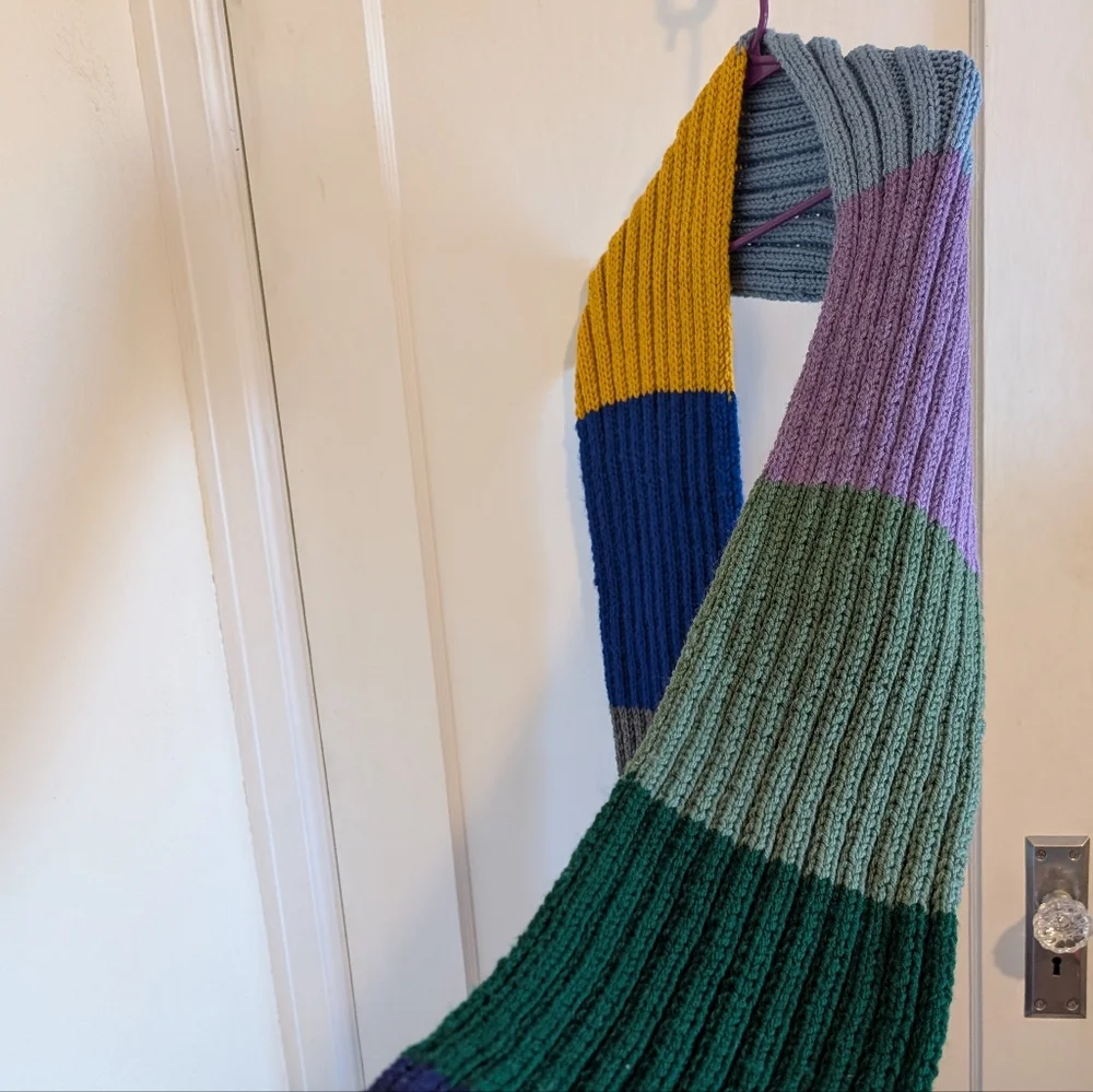 Hand Knit Ribbed Dr. Who Style Color Block Scarf With Fringe
